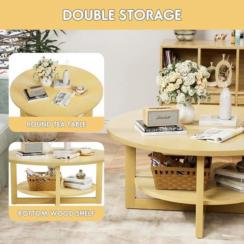 Round 2-Tier Solid Wooden Coffee Table with Shelf M292