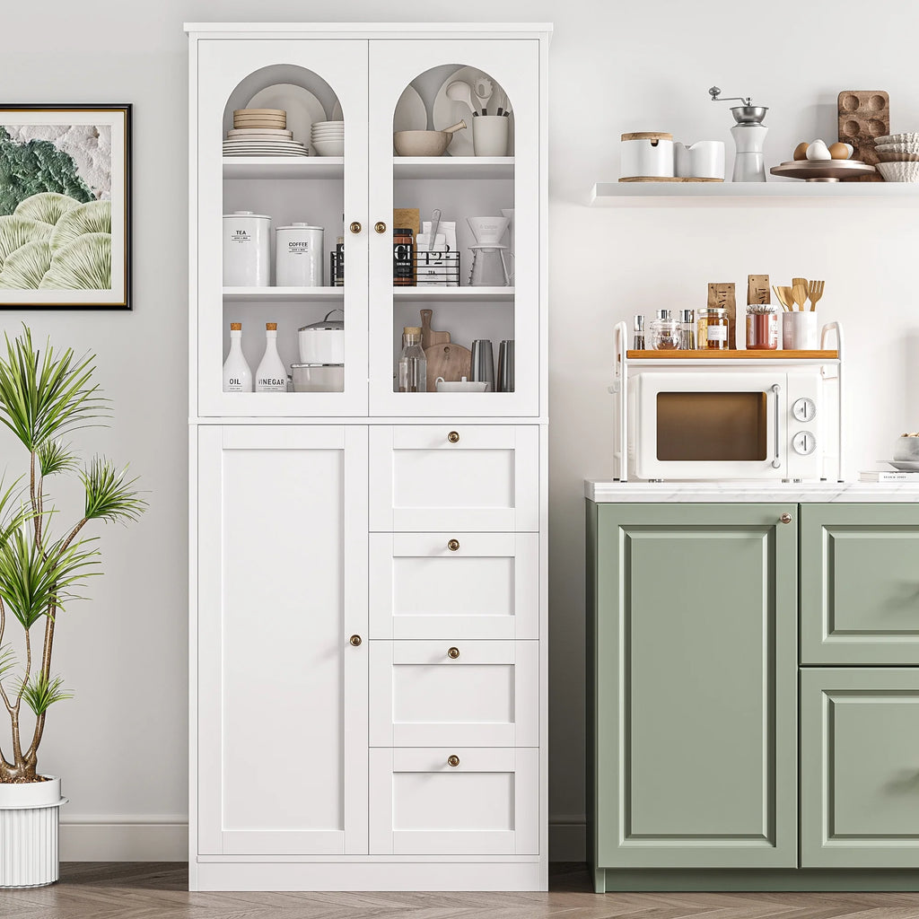 White Kitchen Pantry Cabinet with 2 Glass Doors and 4 Drawers M70531