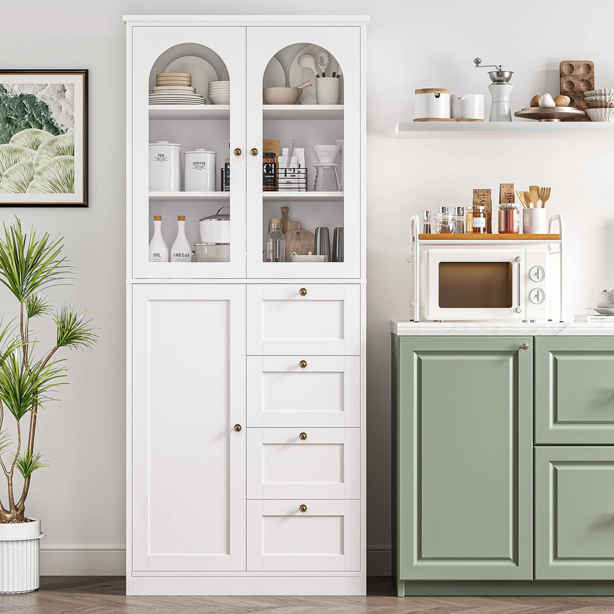White Kitchen Pantry Cabinet with 2 Glass Doors and 4 Drawers M70531