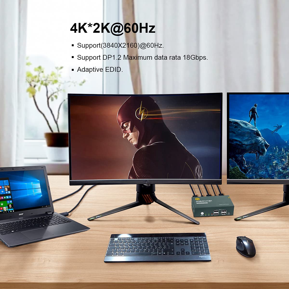 KVM Switch DP Displayport Dual Monitor 2 Port 4 USB 2.0 Hub 4K@60Hz N551
