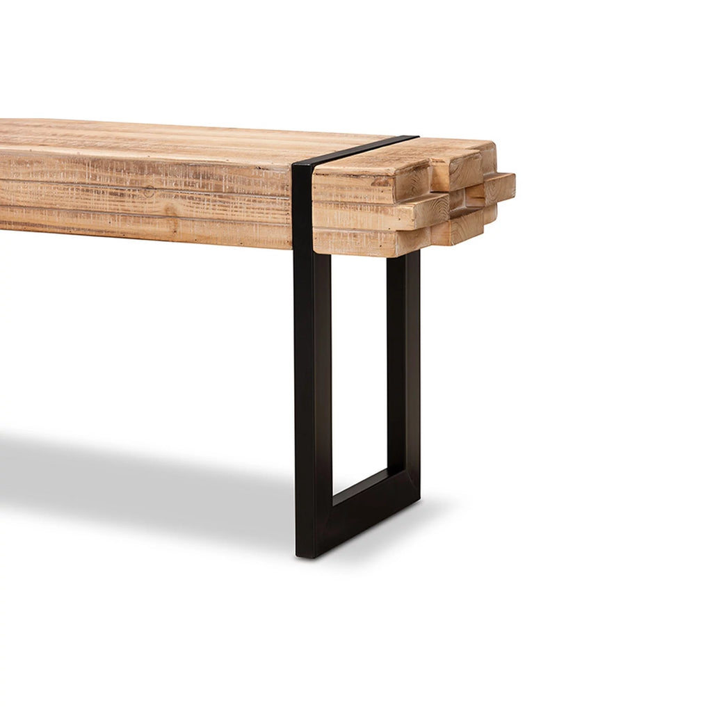 Natural Brown Wood and Black Metal Bench Y2407