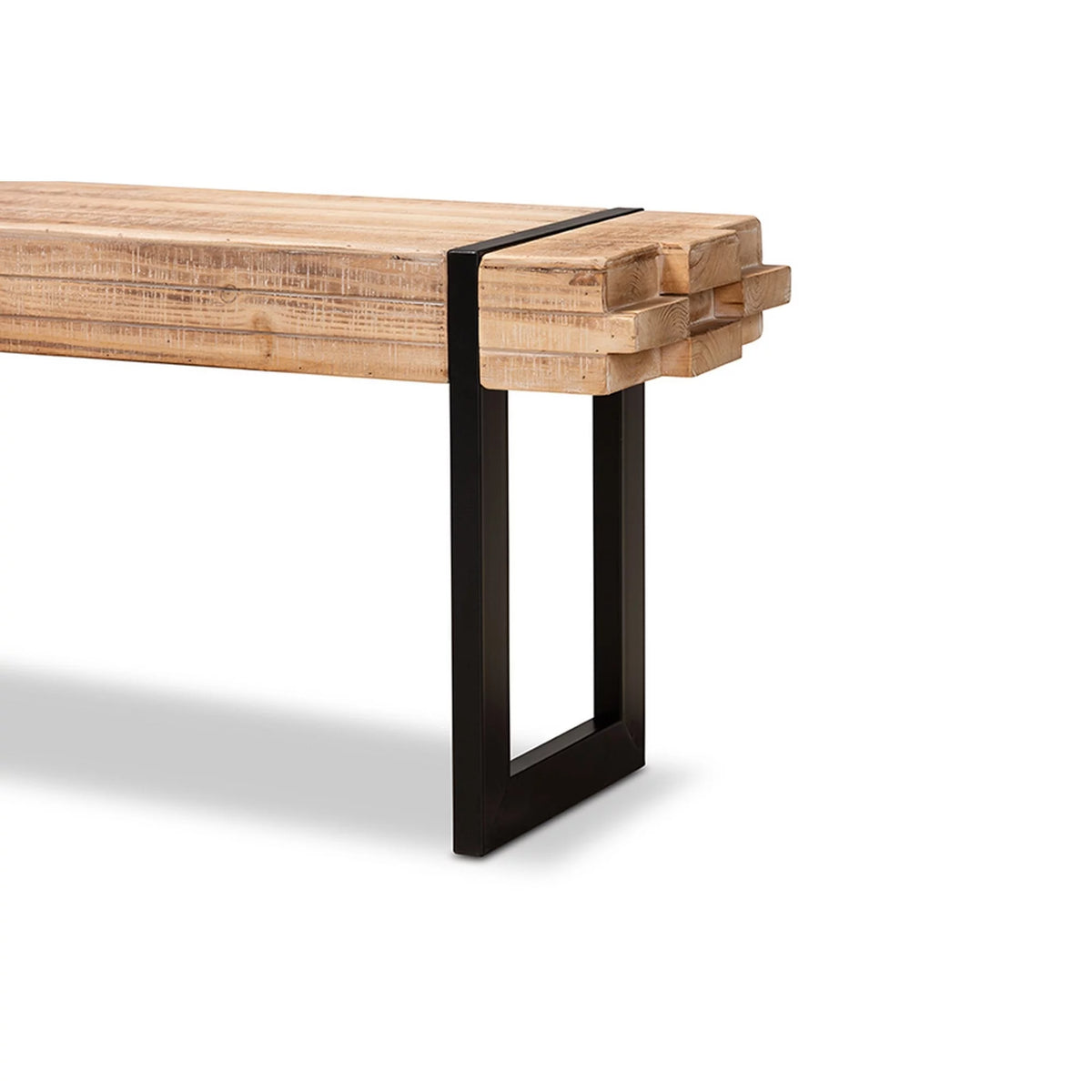 Natural Brown Wood and Black Metal Bench Y2407