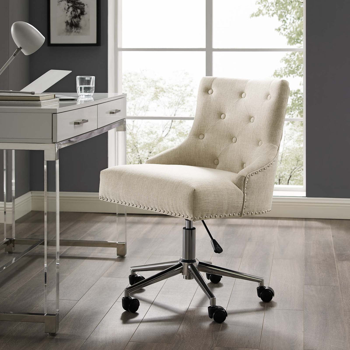 Beige Fabric Aluminum Work Desk Chair W80686