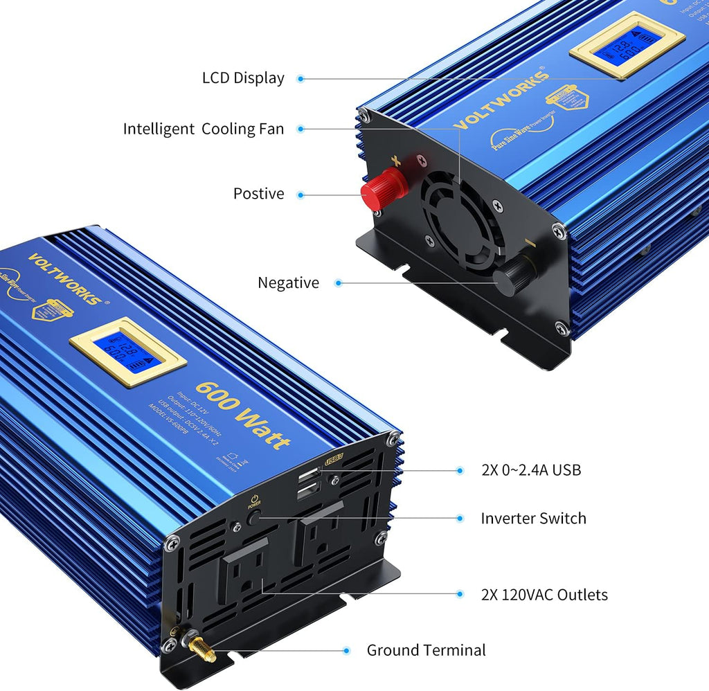600 Watts Pure Sine Wave Power Inverter DC 12V to AC 110V 120V with USB Port & LCD Display Z263886