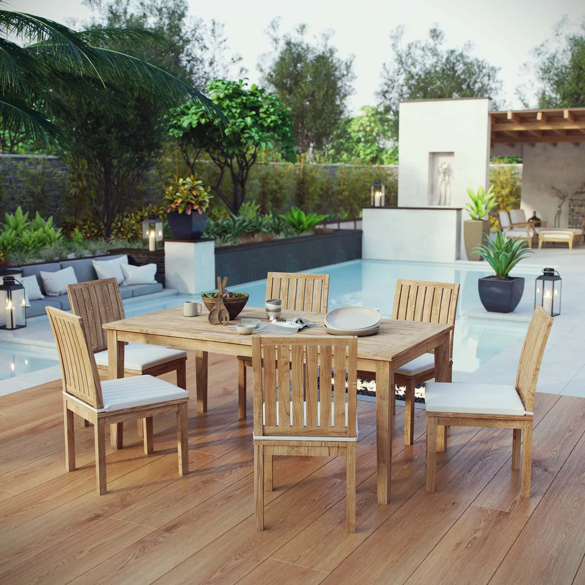 White Wood Outdoor Dining Chair and Table Set N8112