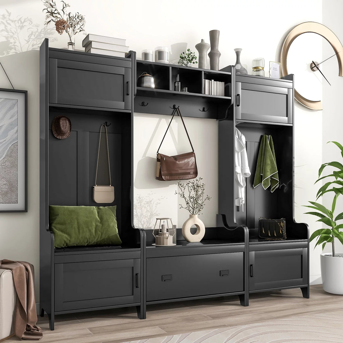 Black Hall Tree with Bench and Shoe Storage W47959