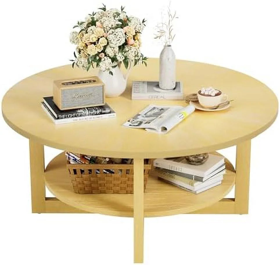 Round 2-Tier Solid Wooden Coffee Table with Shelf M292