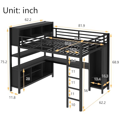 Queen Size Black Metal Loft Bed with Wardrobe and L-Shaped Desk S883805