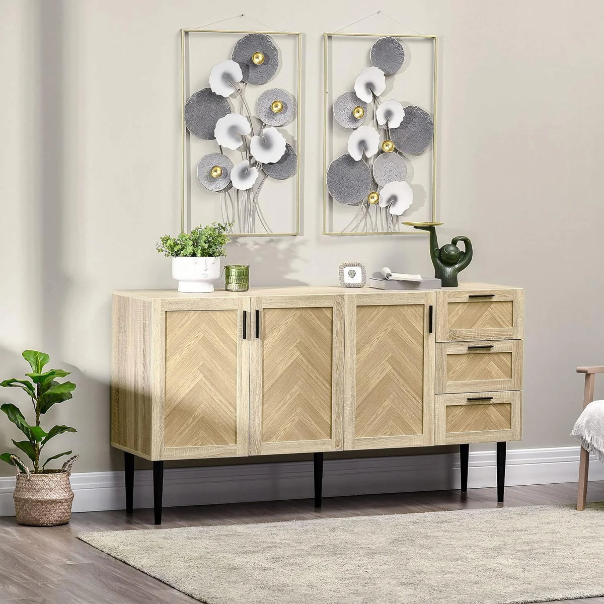 Oak Coffee Bar Cabinet with Drawers and Adjustable Shelves T33873