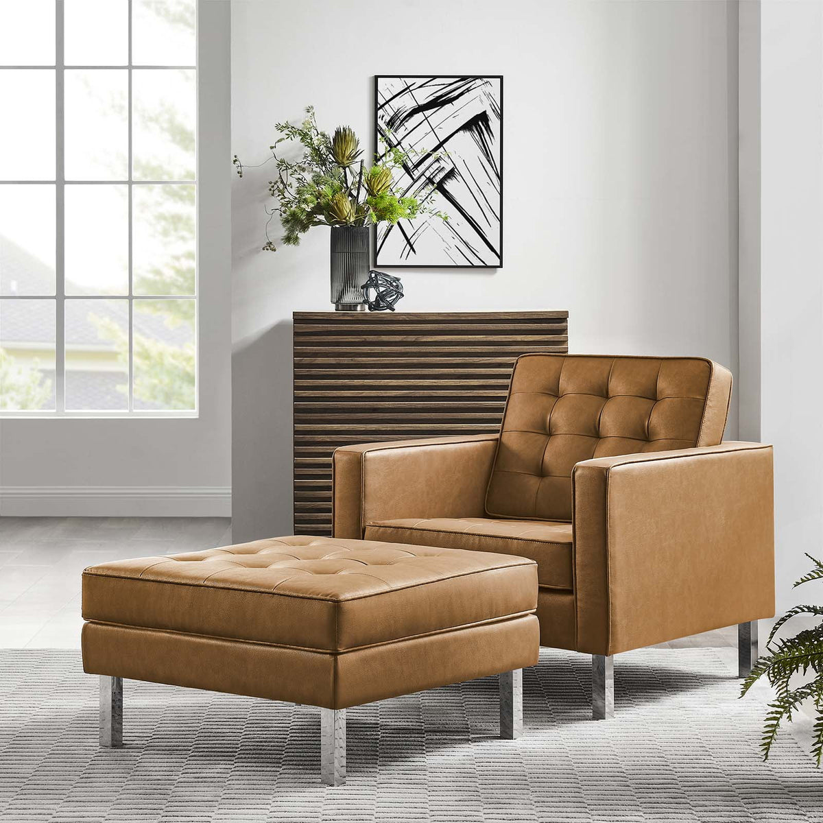 Silver Tan Tufted Vegan Leather Armchair and Ottoman Set Y34689