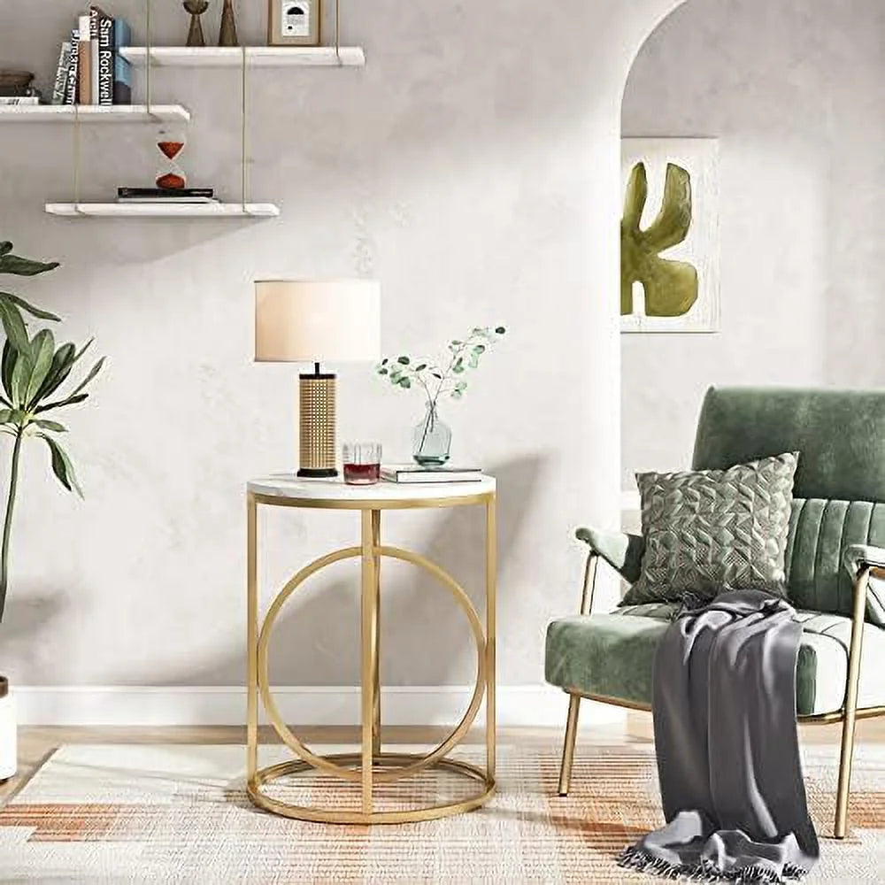 Modern Round End Table with Wood Top and Black O-Shaped Base Z1459