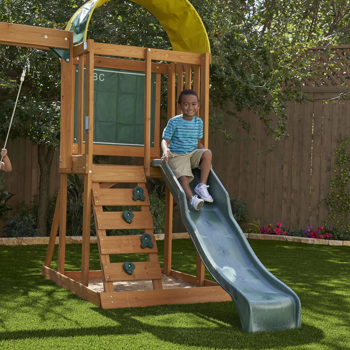 Wooden Outdoor Swing Set with Slide and Rock Wall X817333
