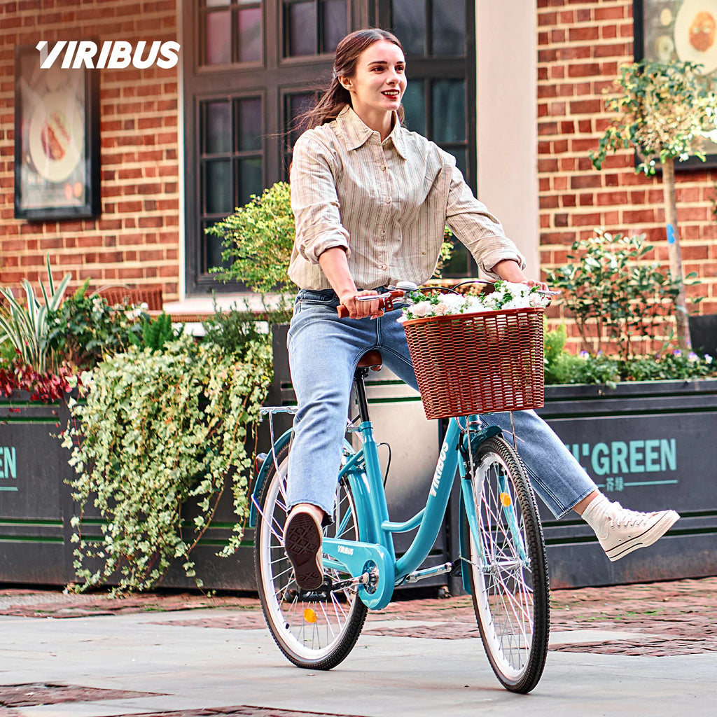 26 Inch Teal Cruiser Bicycle with Basket Rack Q12694