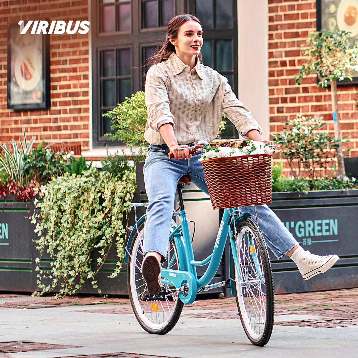 26 Inch Teal Cruiser Bicycle with Basket Rack Q12694
