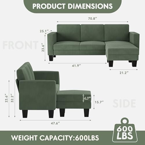 Cream Corduroy L-Shaped Convertible Sectional Sofa 3 Seater X831568