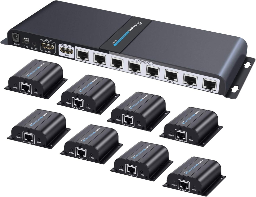 HDMI Extender Splitter over Ethernet Cat6/Cat7 Cable with IR Remote Control 8 Port 1 Input 8 Outputs Q33534
