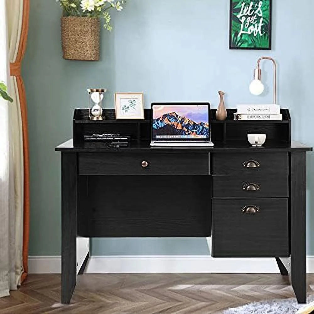 Brown Wooden Computer Desk with 4 Drawers and Bookshelf T8683