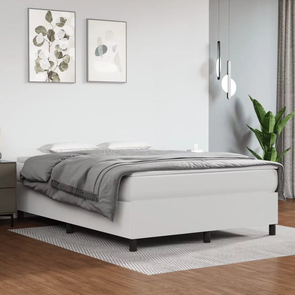 Queen Size White Faux Leather Platform Bed Frame with Mattress and Topper O799521