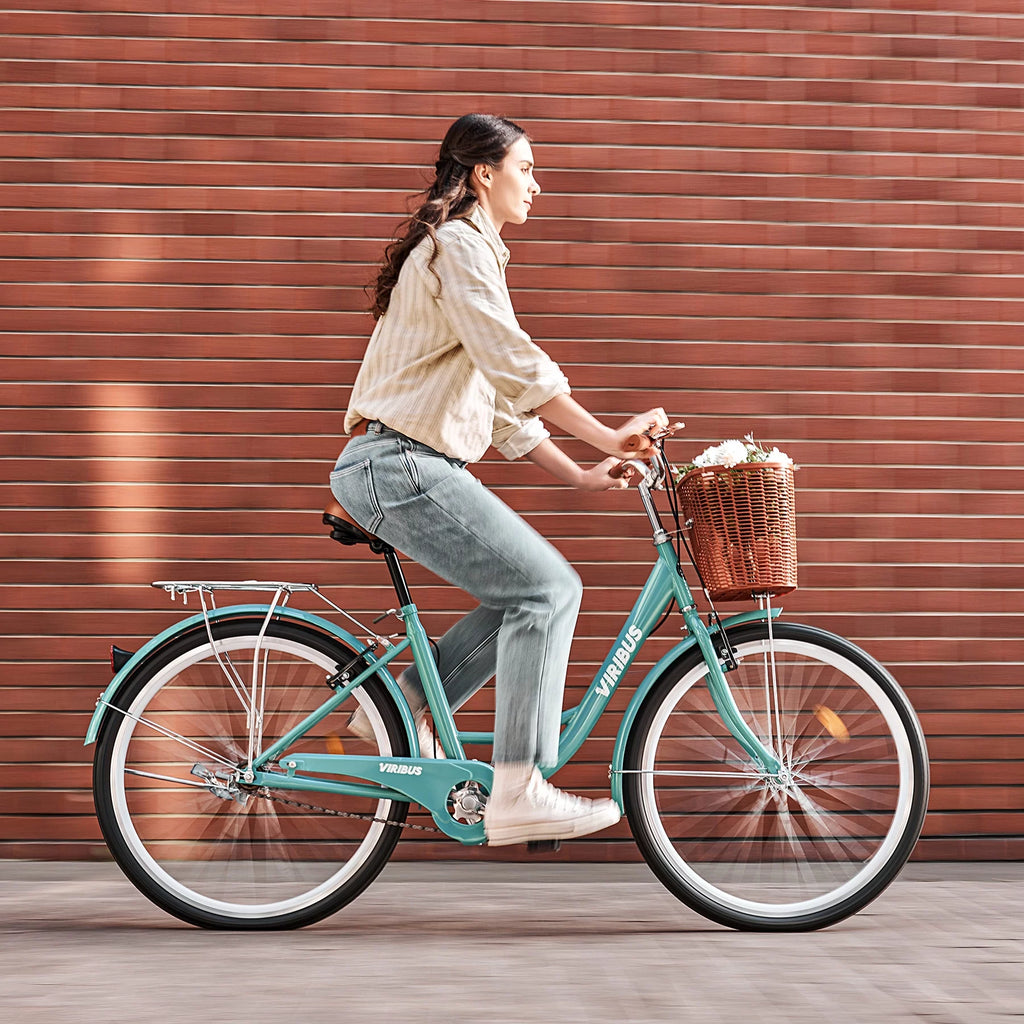 26 Inch Teal Cruiser Bicycle with Basket Rack Q12694