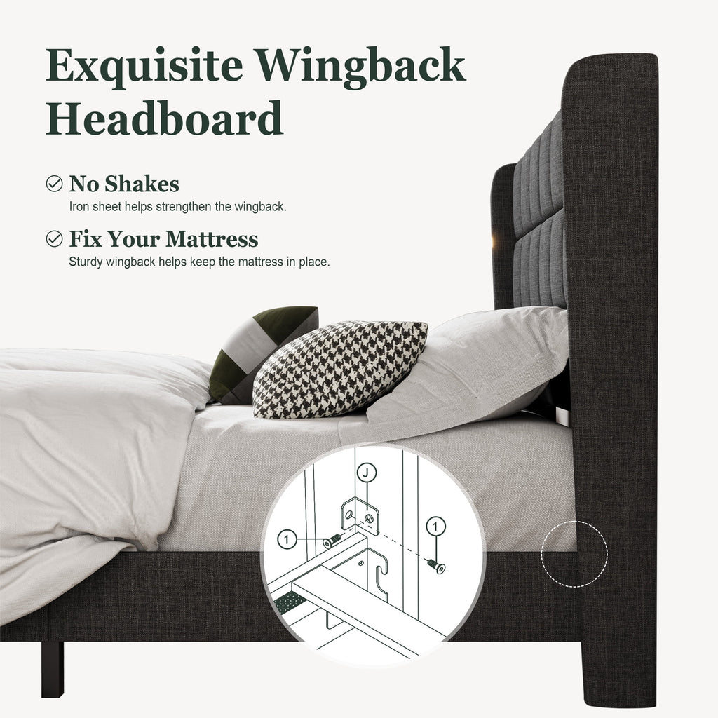 Queen Size Dark Grey Platform Bed with Wingback Headboard Y63405