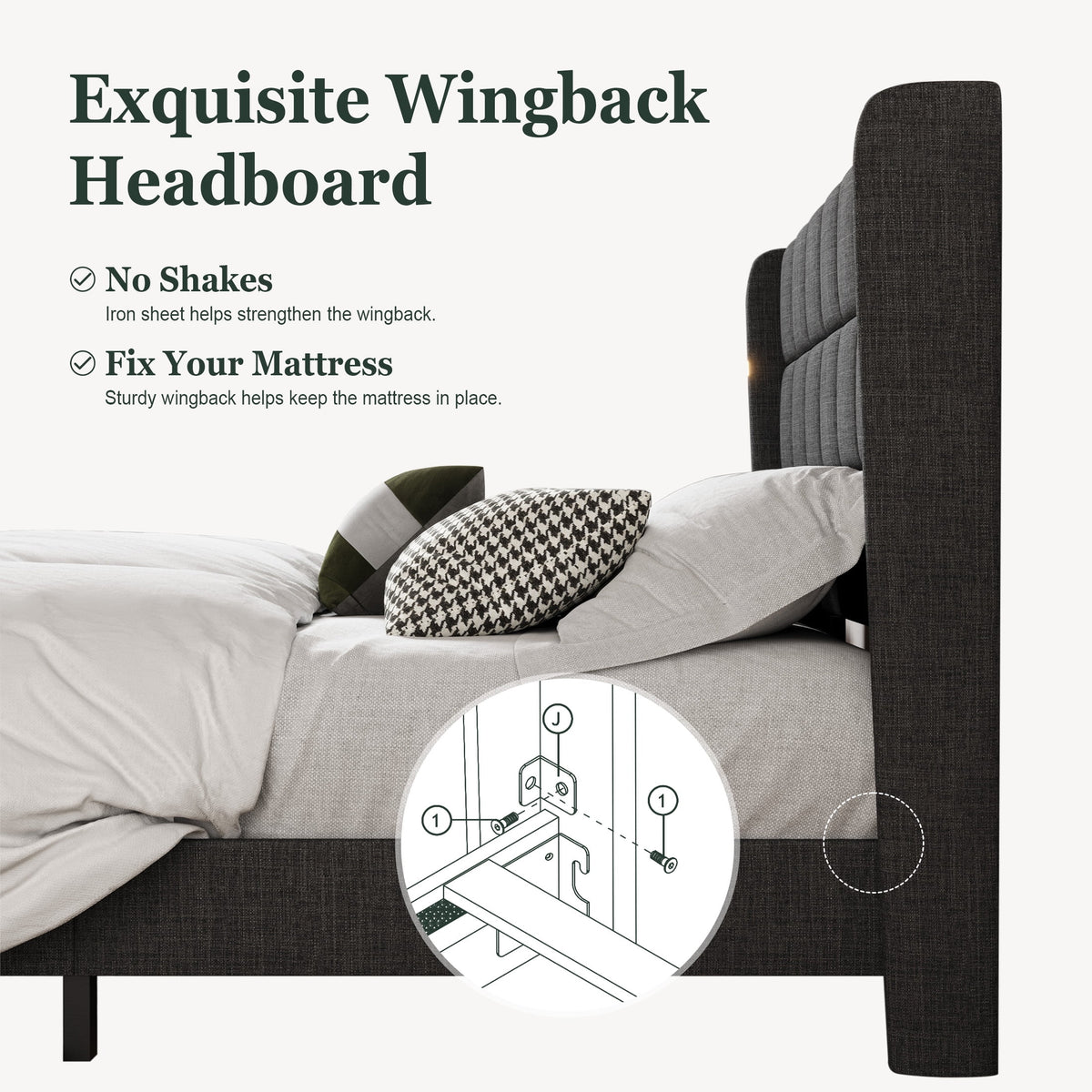 Queen Size Dark Grey Platform Bed with Wingback Headboard Y63405