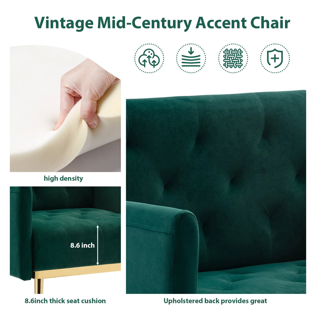 Green Velvet Upholstered Accent Chair with Metal Legs J530