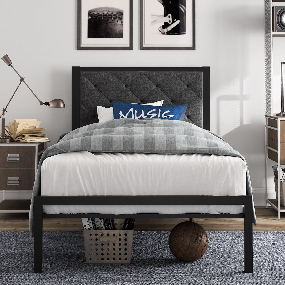 Twin Size Metal Bed Frame with Upholstered Headboard A589228