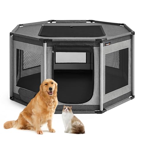 Oxford Fabric Dog Playpen, L, 44.1 x 44.1 x 24.4 Inches, PVC Pipe Frame, Breathable Mesh, Double Openings, Dove Gray and Slate Gray Q5317