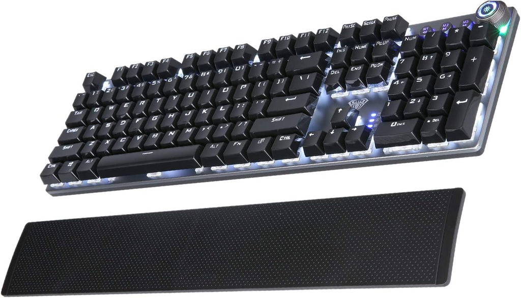 PC Gaming Keyboard with Detachable Hand Rest, White LED Backlit, 104-Keys USB Wired Mechanical Keyboard G4221