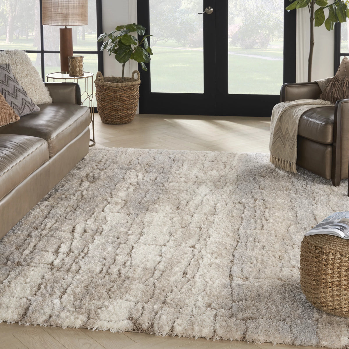 Ivory Beige Abstract Shag Area Rug 7'10" x 9'10" E520293