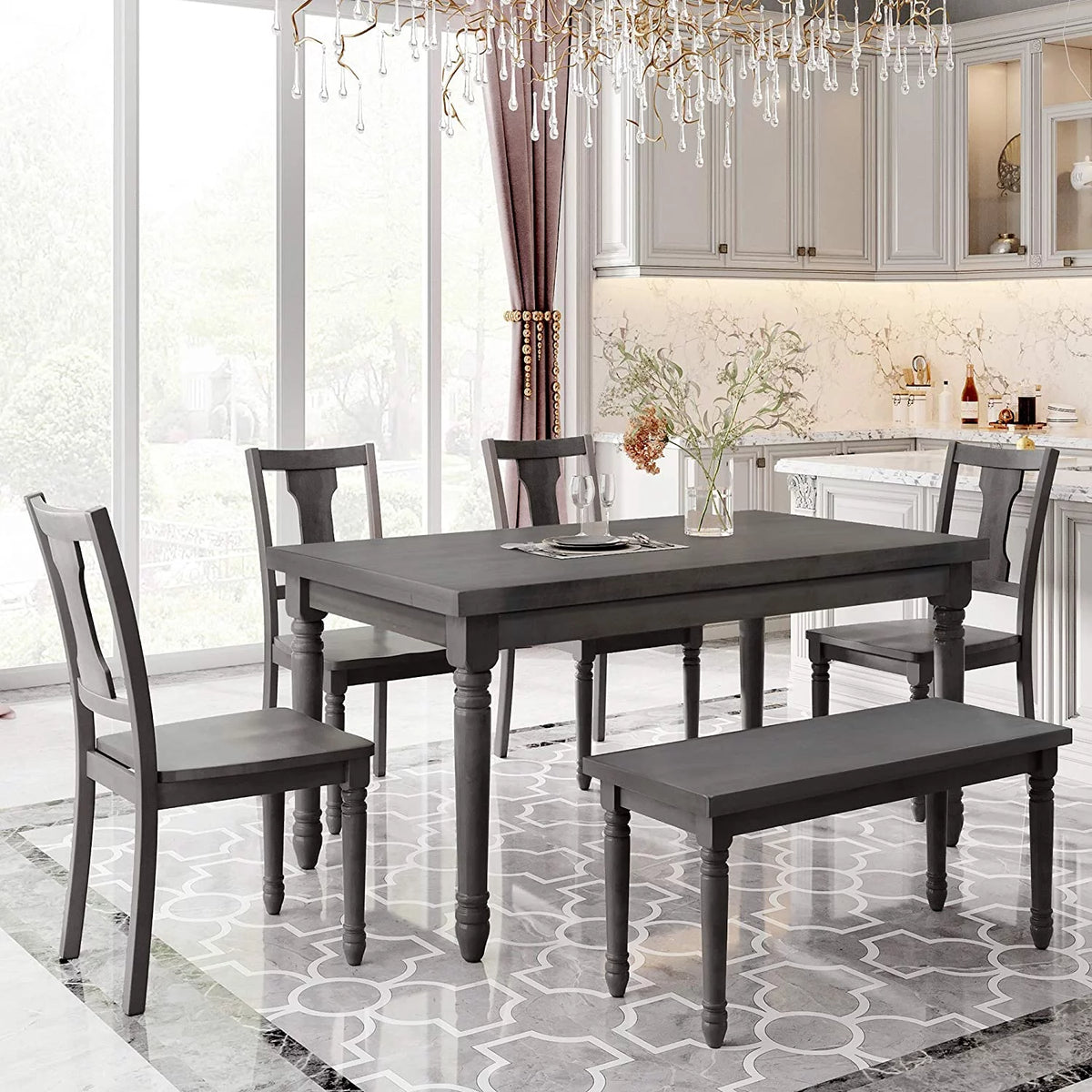 6 Piece Wooden Dining Table Set with 4 Chairs and Bench S96097