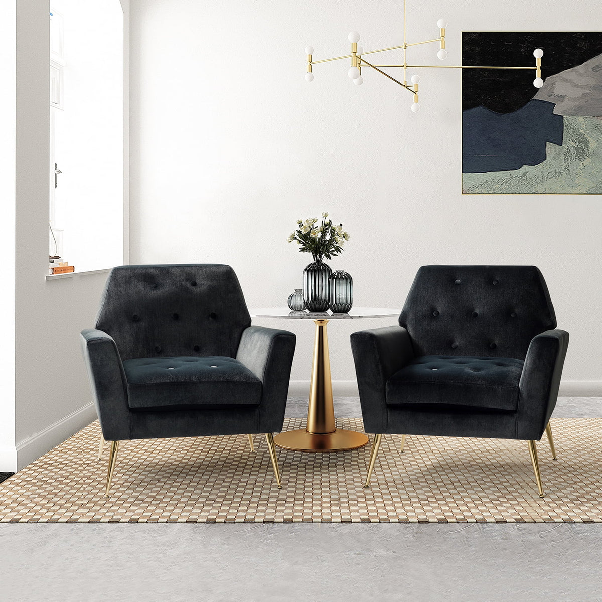 Black Velvet Upholstered Armchair Set of 2 W122