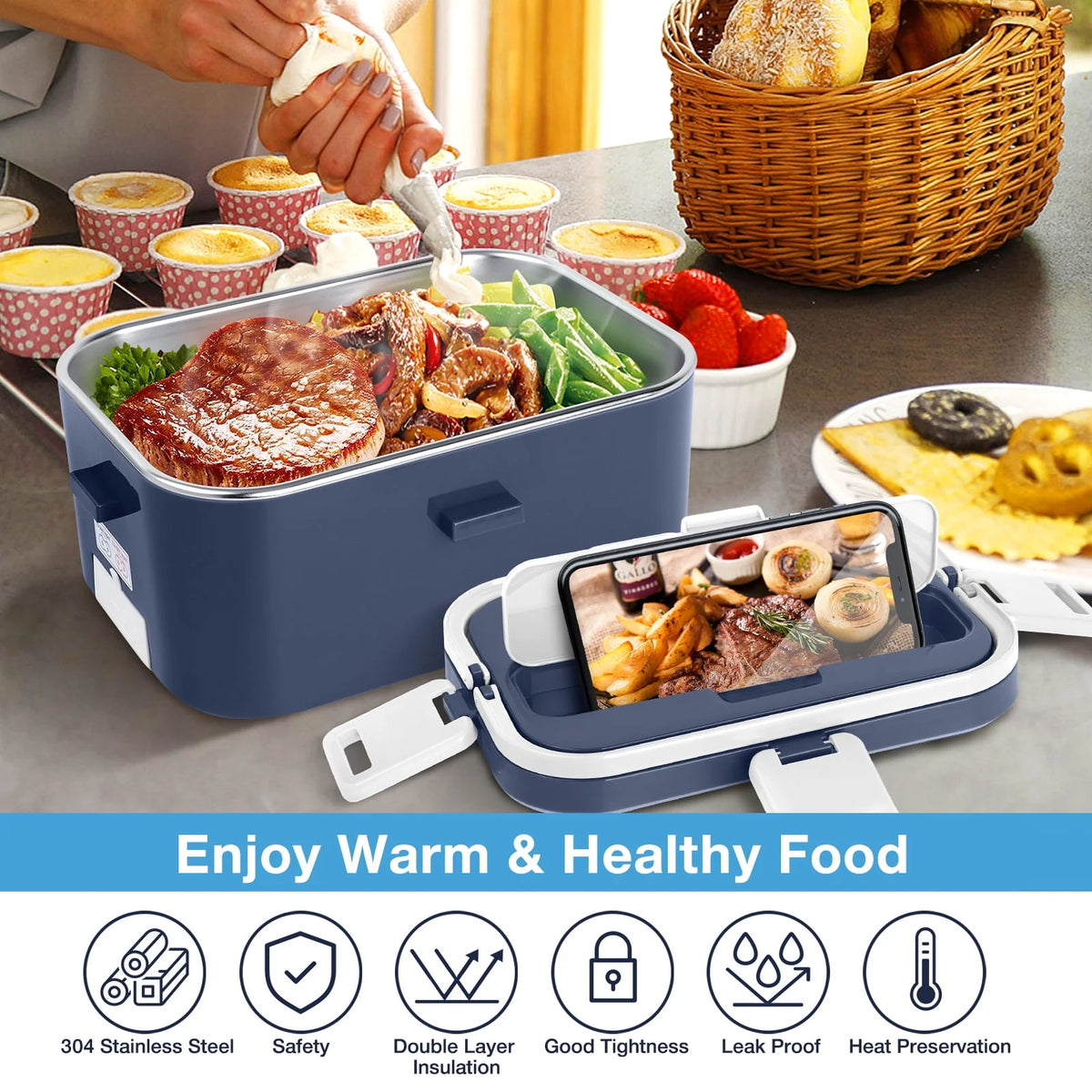 Electric Lunch Box Food Heater 60W 1.8L Stainless Steel Green Royal Blue B33332