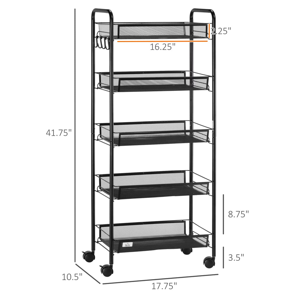 5 Tier Metal Rolling Cart with Mesh Baskets U145174