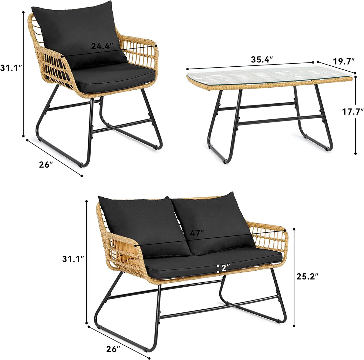 4-Piece Wicker Outdoor Bistro Set with Cushions and Metal Table L867