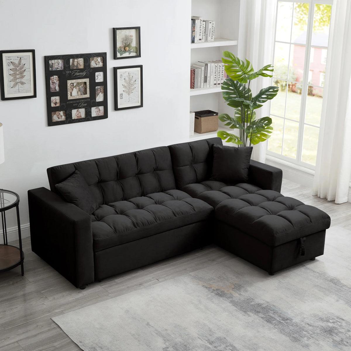 84" Black Velvet Convertible Sleeper Sofa with Storage Chaise Y2708