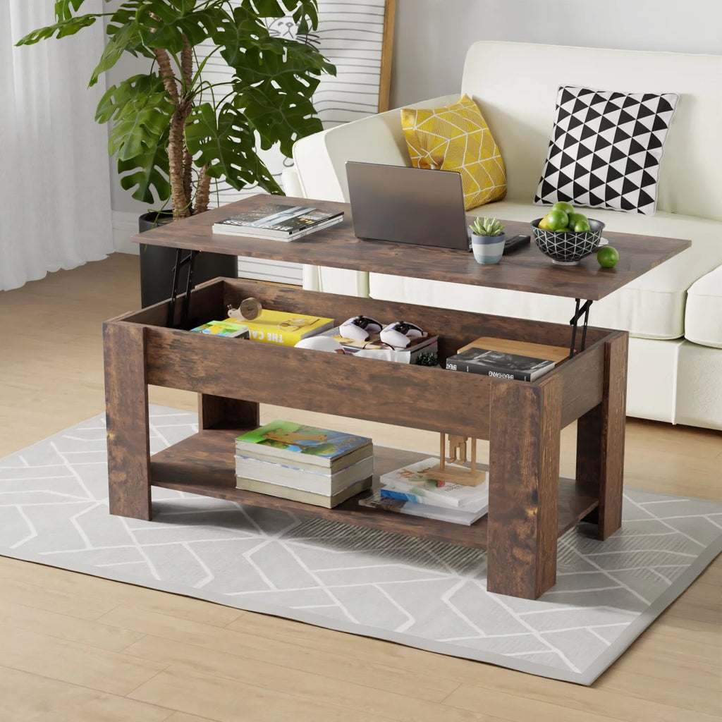 Brown Lift Top Coffee Table with Hidden Compartment and Storage Shelf H9442
