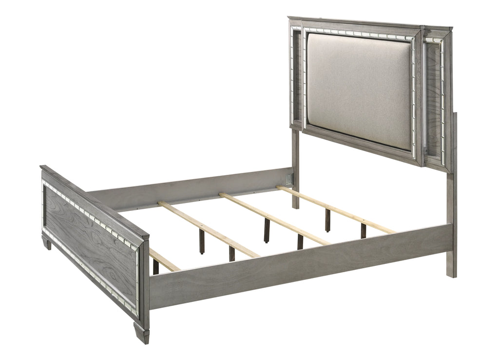 Queen Upholstered Wooden Panel Bed with LED in Gray Oak P948