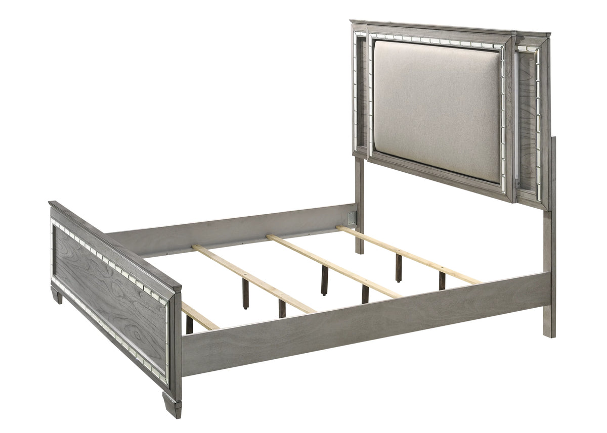 Queen Upholstered Wooden Panel Bed with LED in Gray Oak P948