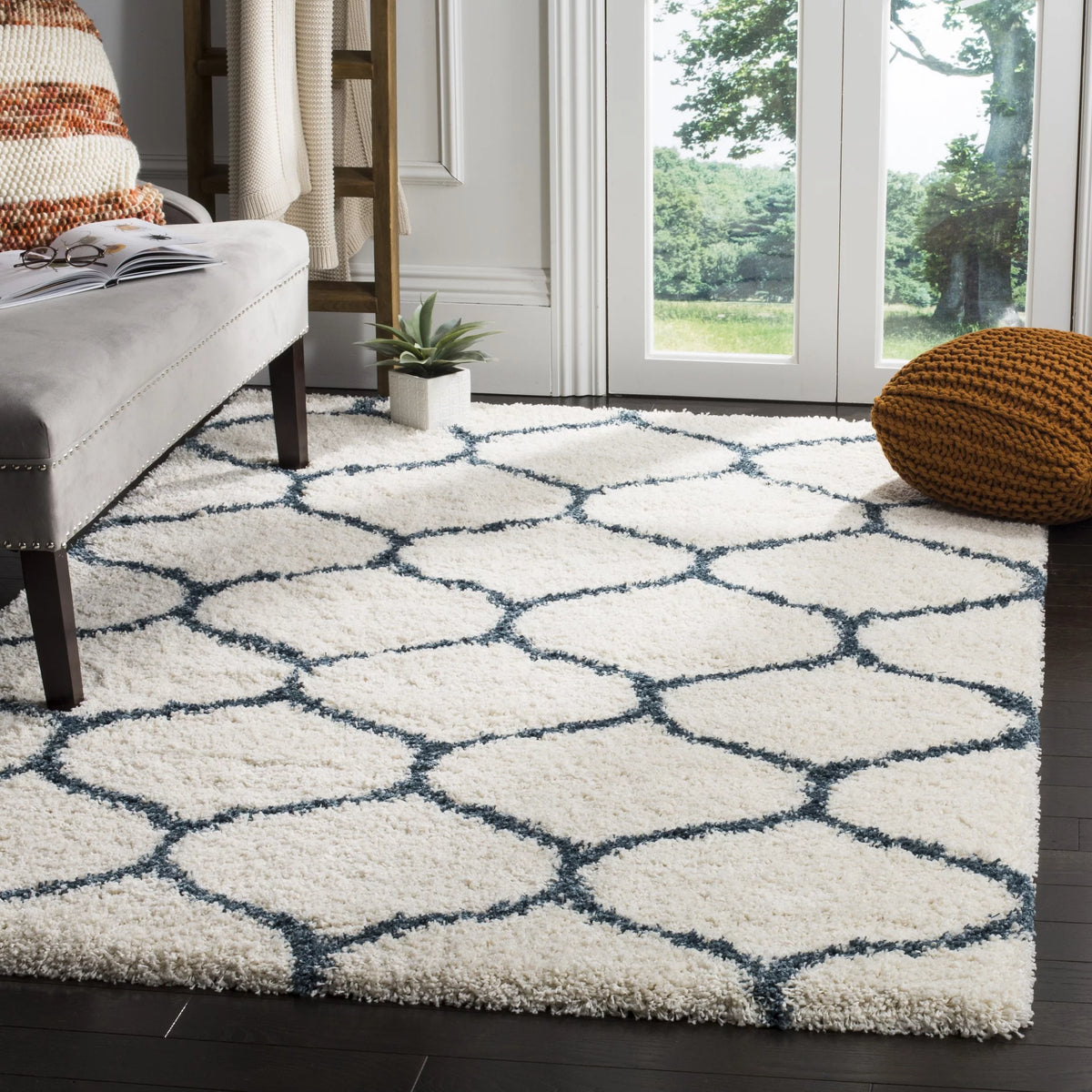 Ivory Slate Blue Geometric Shag Area Rug 7' x 7' Square F26960