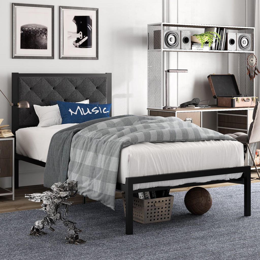 Twin Size Metal Bed Frame with Upholstered Headboard A589228