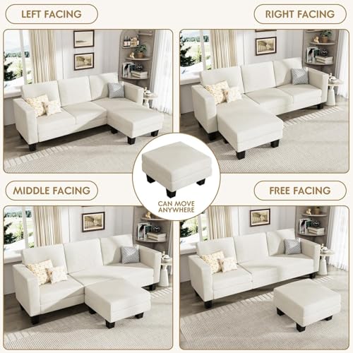 Cream Corduroy L-Shaped Convertible Sectional Sofa 3 Seater X831568