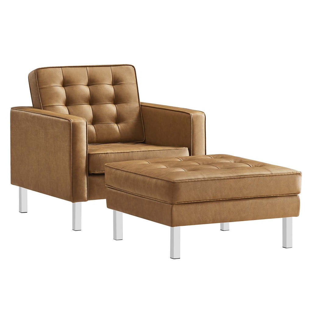 Silver Tan Tufted Vegan Leather Armchair and Ottoman Set Y34689