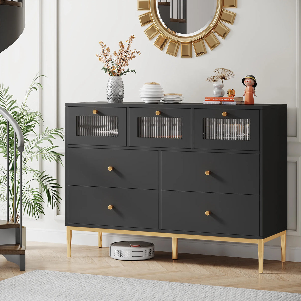 White 7 Drawer Glass Dresser R92549