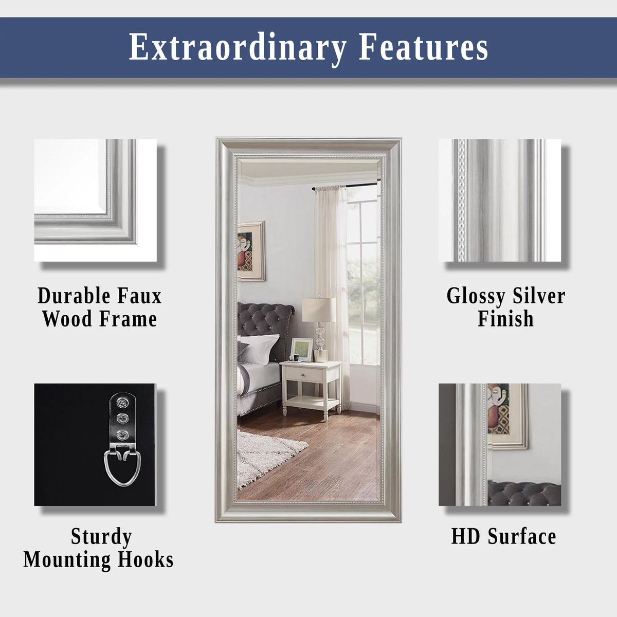 66"L x 32"W Beaded Full Length Mirror with Faux Wood Frame Q727