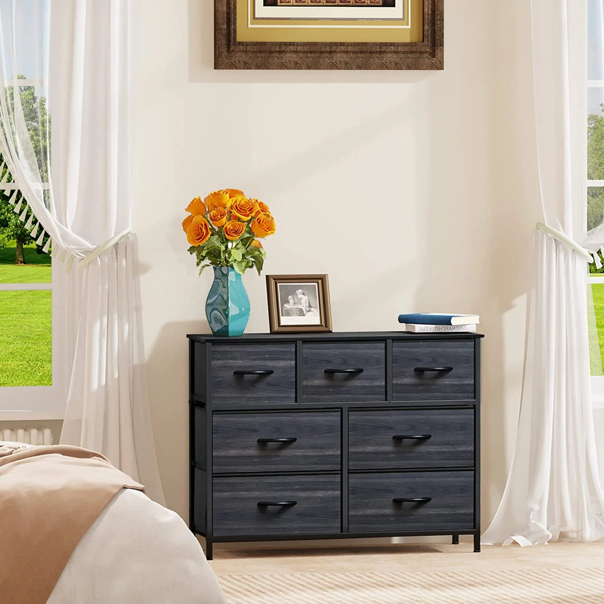 7 Drawer Fabric Dresser with Wooden Top Q8168