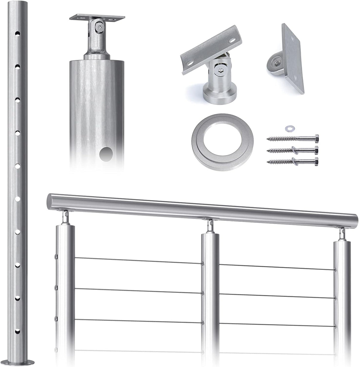 Round 36”x2.36” Stainless Steel Brushed Cable Railing Post Pack of 2 X895290