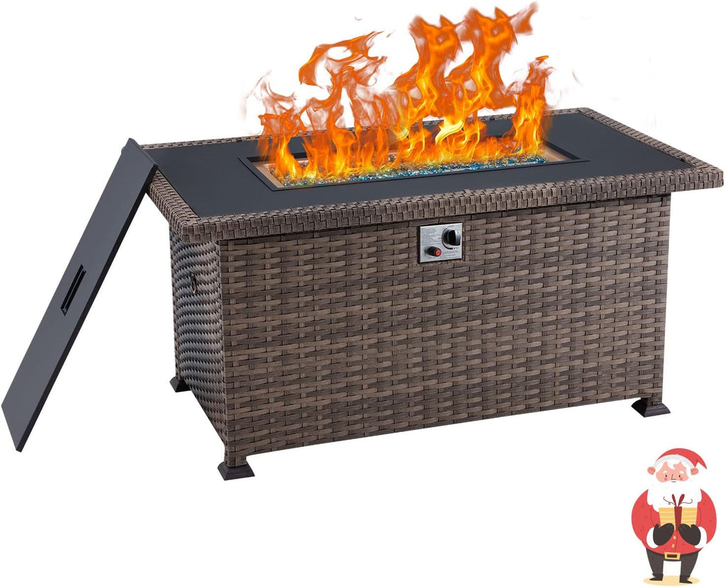 Propane Fire Pit Table 44in 50000BTU Auto-Ignition Smokeless with Cover and Blue Fire Glass Black K602887