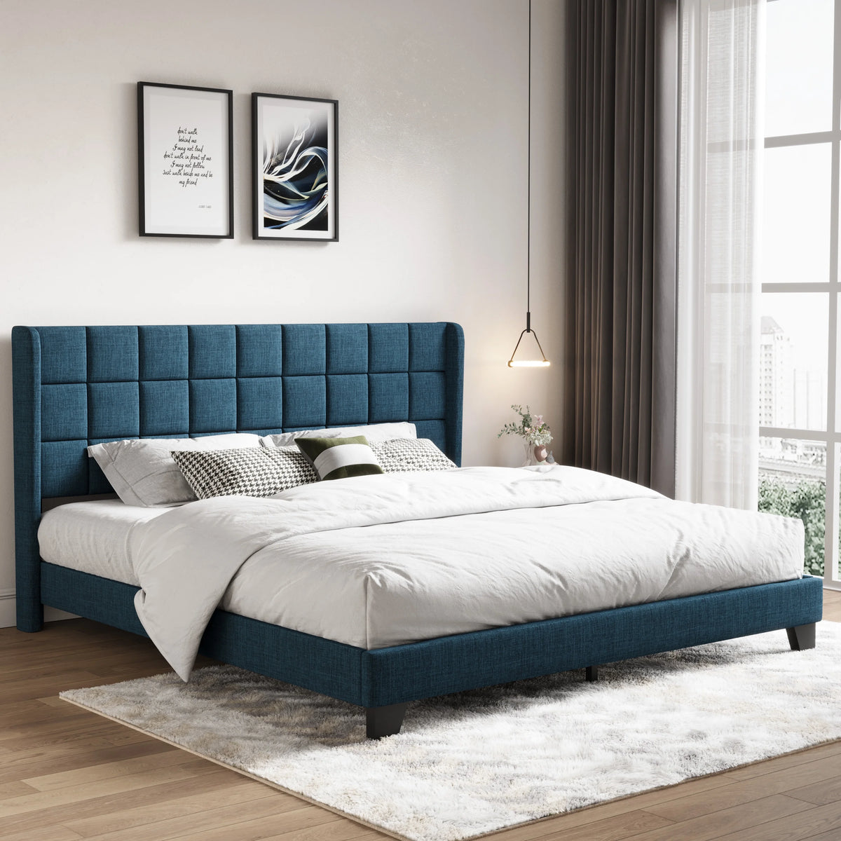 Queen Size Dark Grey Platform Bed with Wingback Headboard Y63405