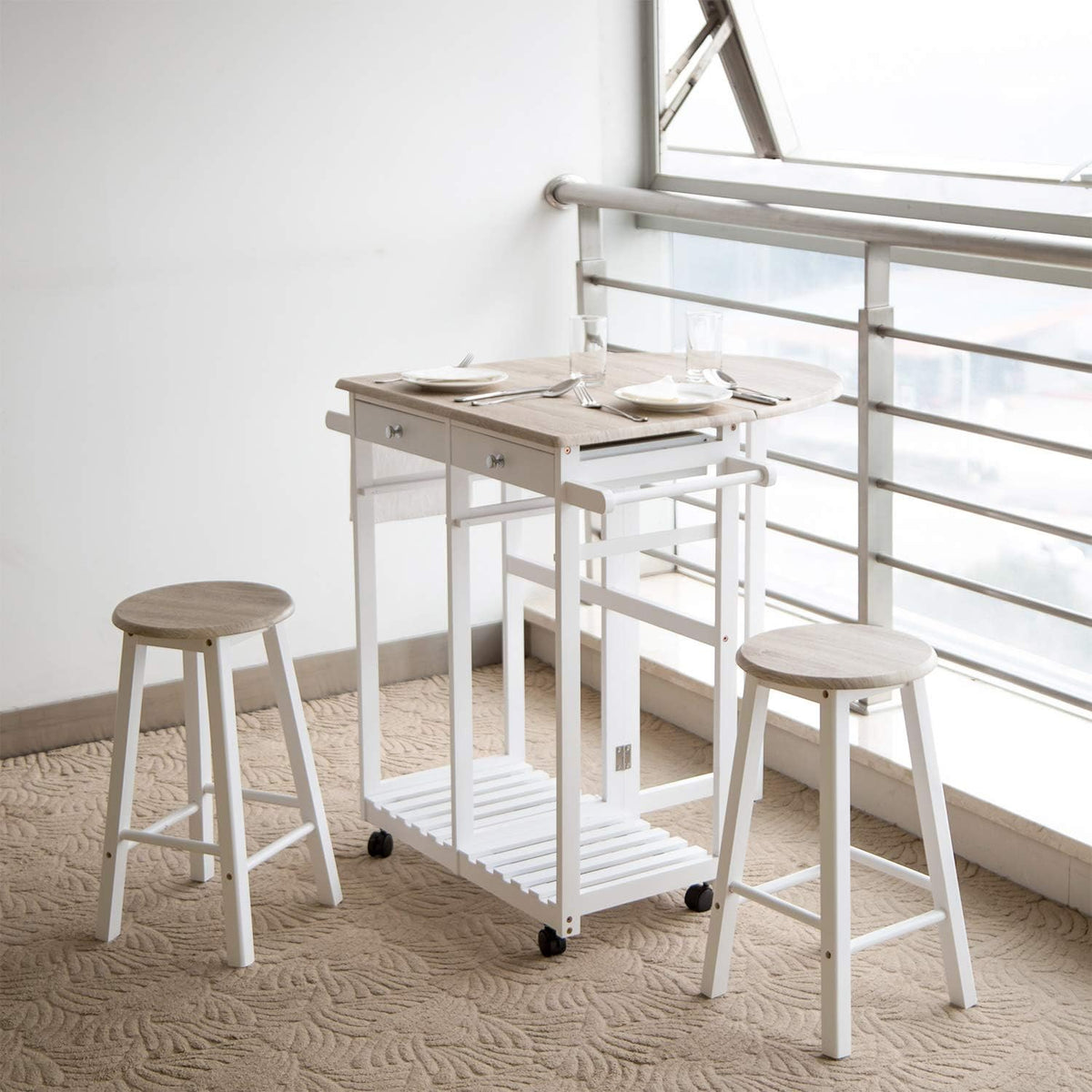 Wood Breakfast Cart with Drop Leaf 2 Drawers S44645